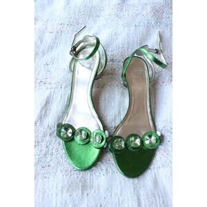 Frances Valentine Green Metallic Jeweled Kitten Heels Size 7
